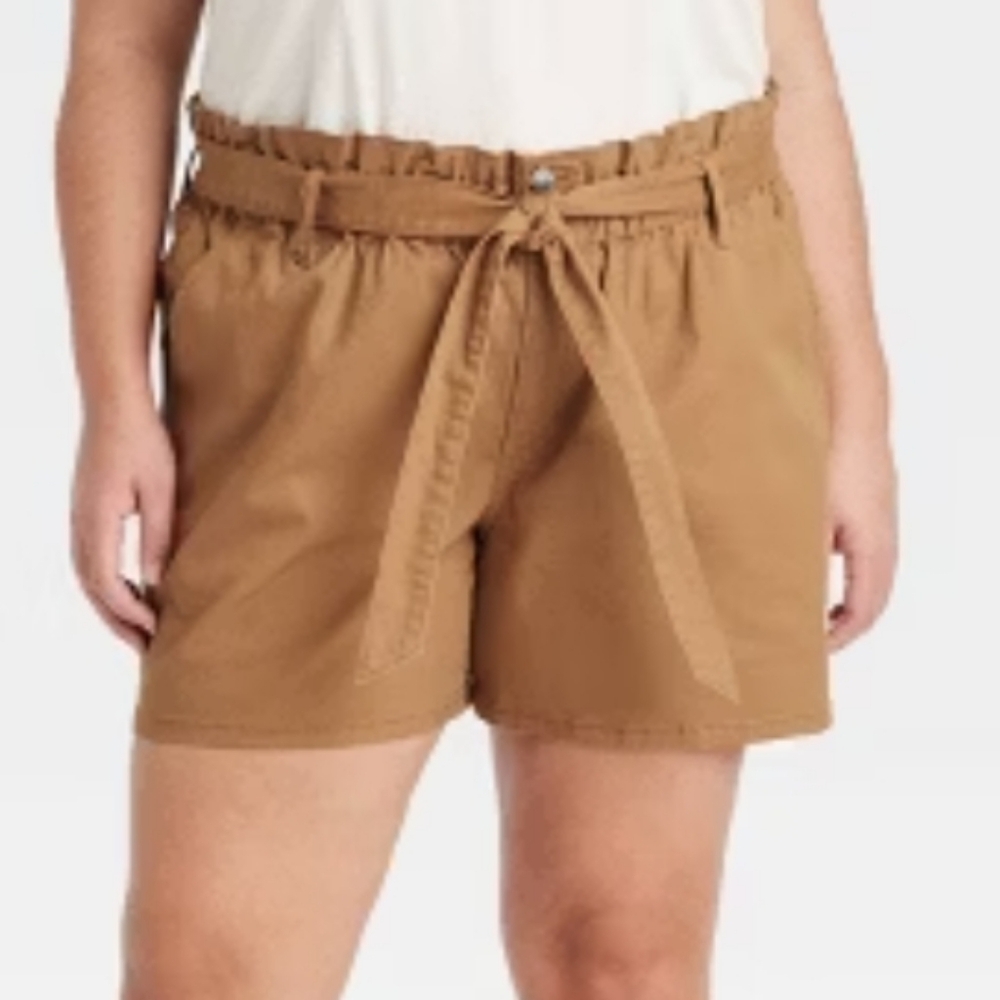 Ava & Viv High-Waist Paperbag Tie-Front Shorts in Camel
